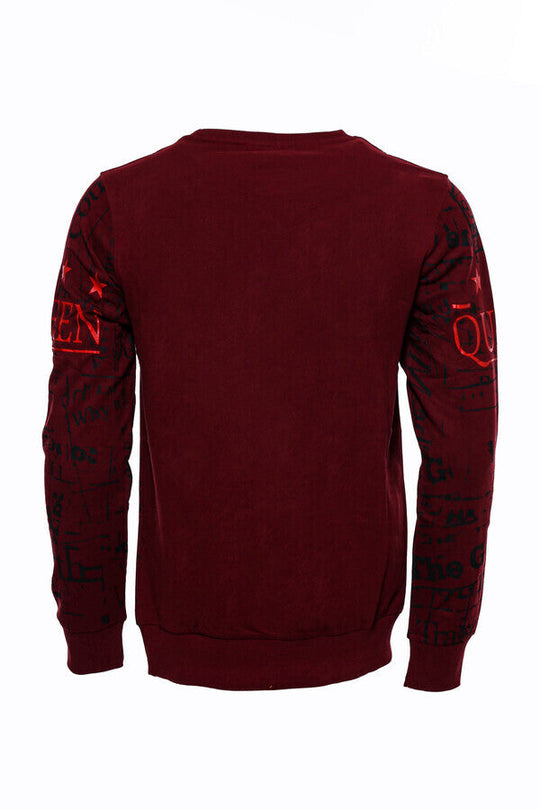 Burgundy Slim Fit Crew Neck Patterned Sweatshirt | Wessi