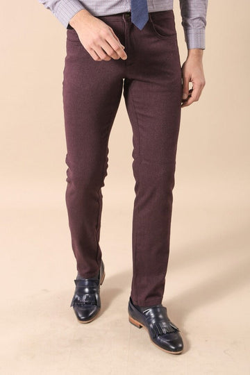 Burgundy Slim Fit Patterned Cotton Trousers – Wessi