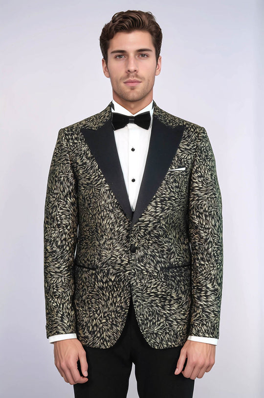 Men’s Midnight Black Feather Patterned Slim Fit Single Breasted Dinner Jacket