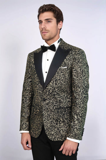 Men’s Midnight Black Feather Patterned Slim Fit Single Breasted Dinner Jacket