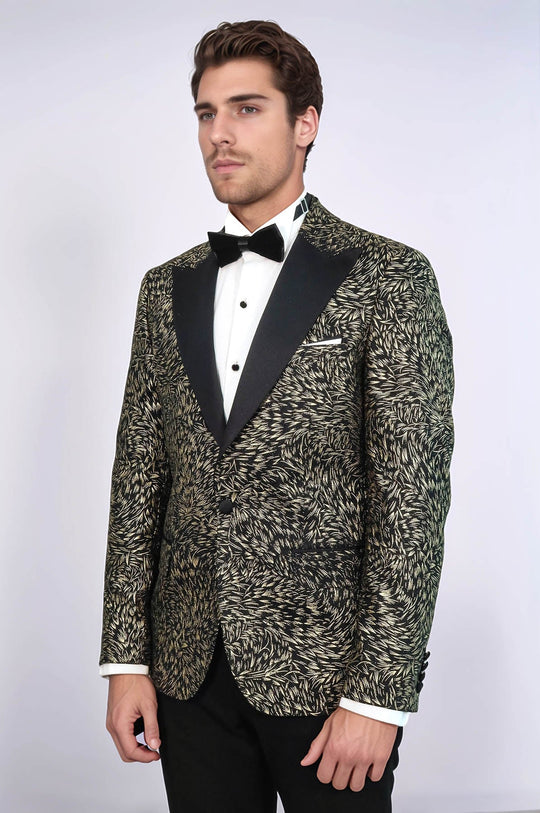 Men’s Midnight Black Feather Patterned Slim Fit Single Breasted Dinner Jacket