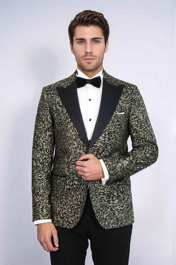 Men’s Midnight Black Feather Patterned Slim Fit Single Breasted Dinner Jacket