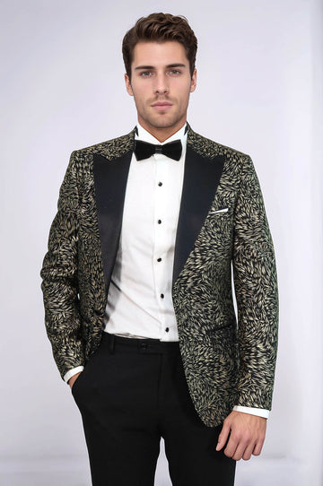 Men’s Midnight Black Feather Patterned Slim Fit Single Breasted Dinner Jacket