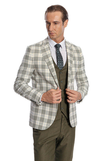 Men's Cream & Olive Green Bold Windowpane Check 3-Piece Slim Fit Combination Suit
