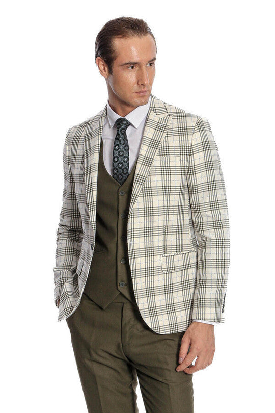 Men's Cream & Olive Green Bold Windowpane Check 3-Piece Slim Fit Combination Suit
