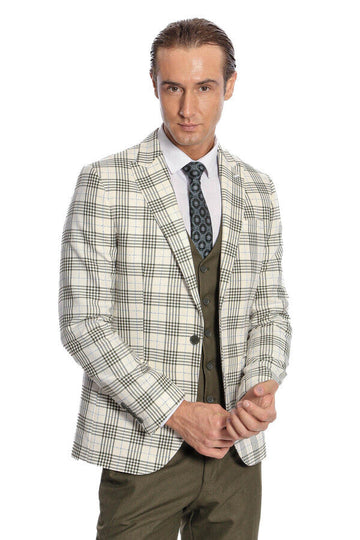 Men's Cream & Olive Green Bold Windowpane Check 3-Piece Slim Fit Combination Suit