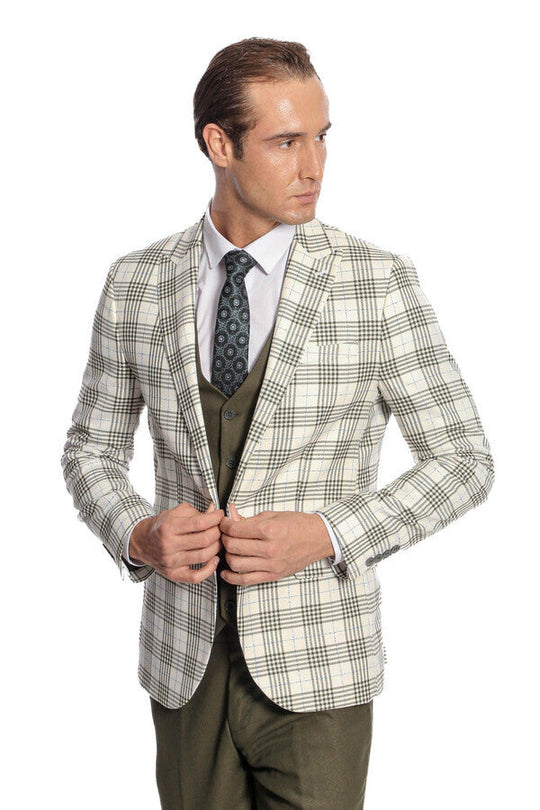 Men's Cream & Olive Green Bold Windowpane Check 3-Piece Slim Fit Combination Suit