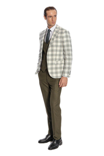 Men's Cream & Olive Green Bold Windowpane Check 3-Piece Slim Fit Combination Suit