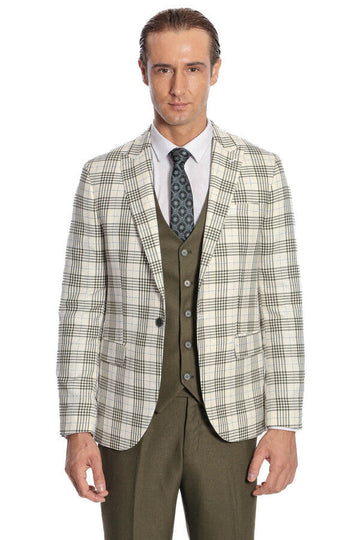 Men's Cream & Olive Green Bold Windowpane Check 3-Piece Slim Fit Combination Suit