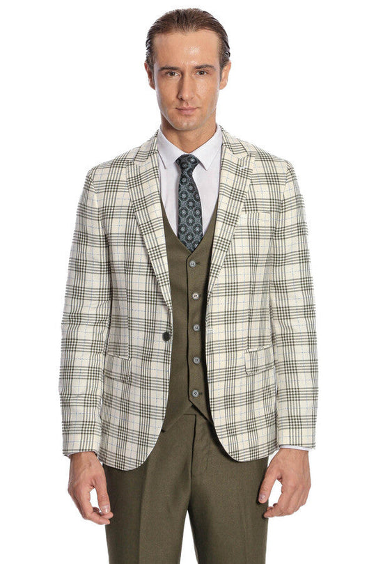 Men's Cream & Olive Green Bold Windowpane Check 3-Piece Slim Fit Combination Suit