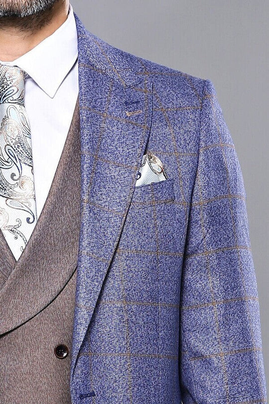Men's Indigo Blue Windowpane Check 3-Piece Slim Fit Combination Suit