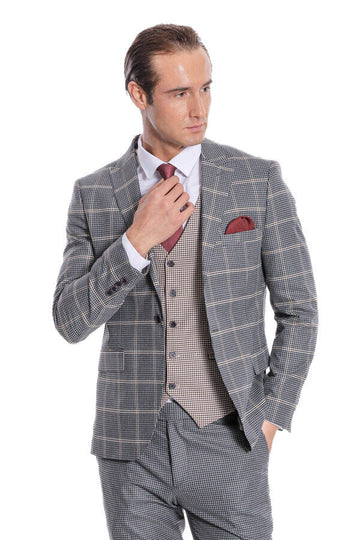 Men's Grey Glen Check 3-Piece Slim Fit Combination Suit