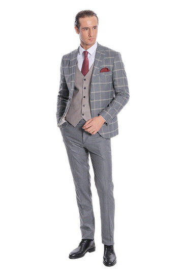 Men's Grey Glen Check 3-Piece Slim Fit Combination Suit