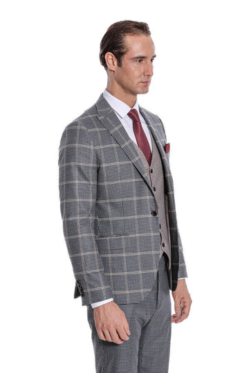 Men's Grey Glen Check 3-Piece Slim Fit Combination Suit
