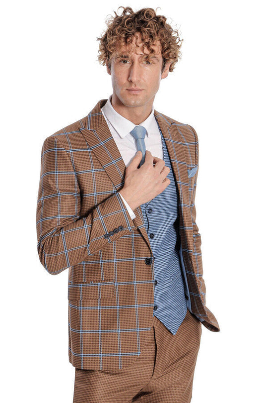 Men's Amber Brown Blue Windowpane Check 3-Piece Slim Fit Combination Suit
