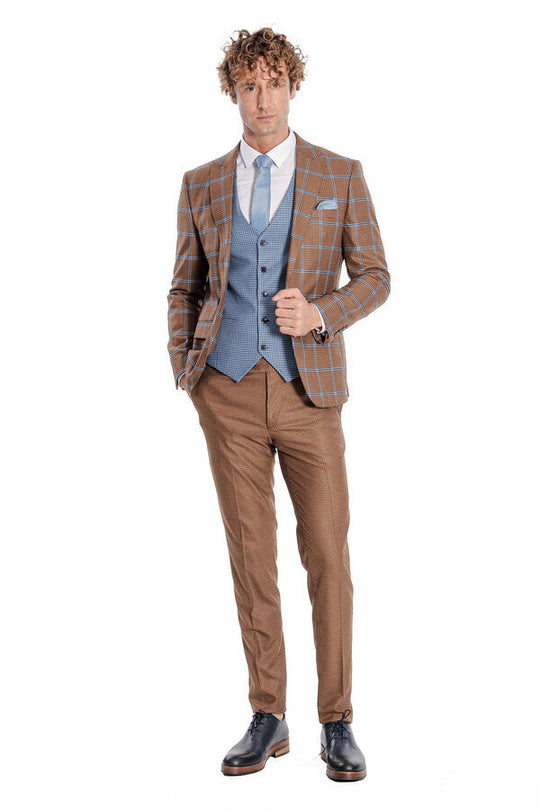 Men's Amber Brown Blue Windowpane Check 3-Piece Slim Fit Combination Suit