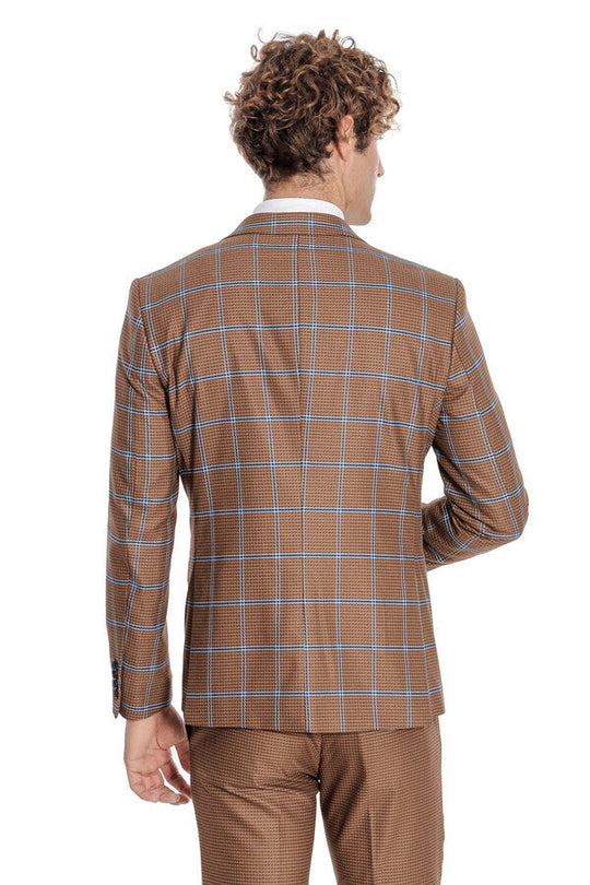 Men's Amber Brown Blue Windowpane Check 3-Piece Slim Fit Combination Suit