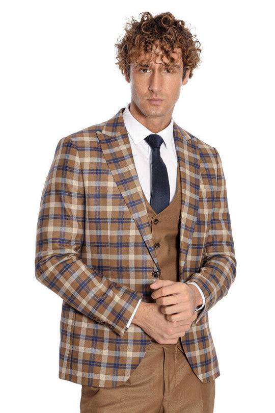 Men's Caramel Brown Multi-Check 3-Piece Slim Fit Combination Suit