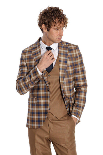 Men's Caramel Brown Multi-Check 3-Piece Slim Fit Combination Suit