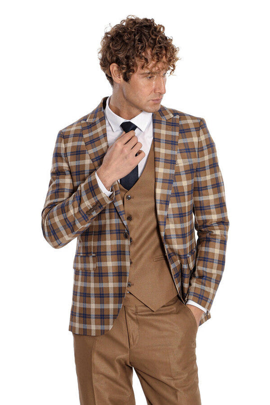 Men's Caramel Brown Multi-Check 3-Piece Slim Fit Combination Suit