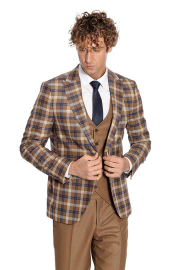 Men's Caramel Brown Multi-Check 3-Piece Slim Fit Combination Suit