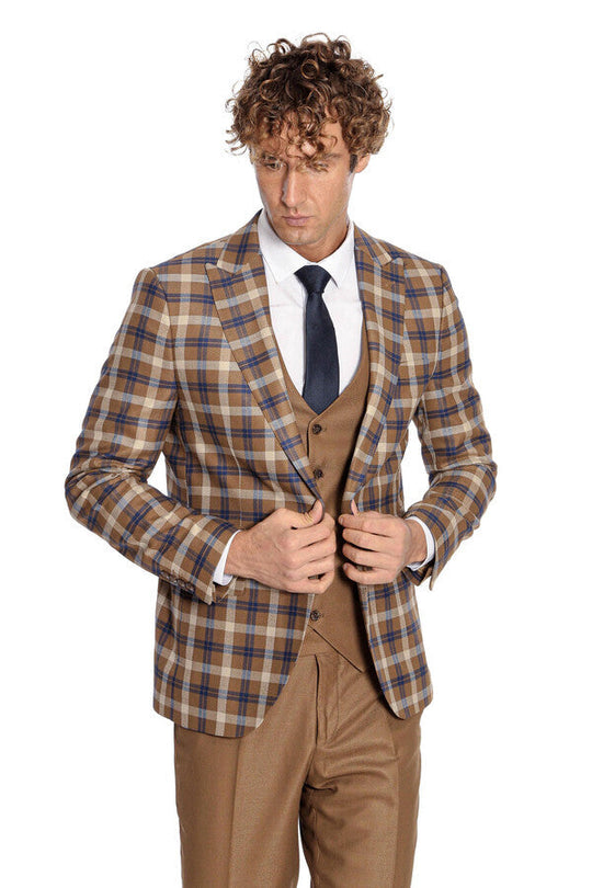Men's Caramel Brown Multi-Check 3-Piece Slim Fit Combination Suit