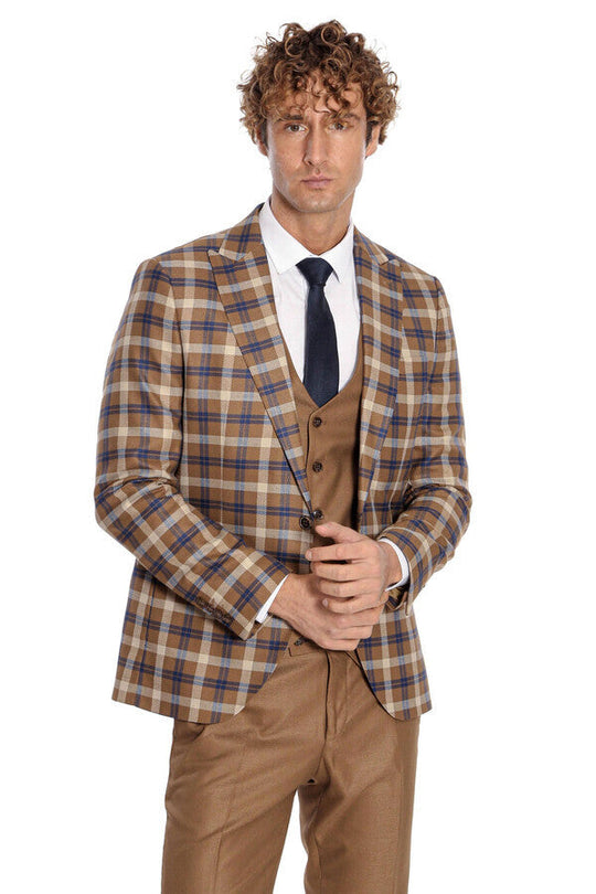 Men's Caramel Brown Multi-Check 3-Piece Slim Fit Combination Suit