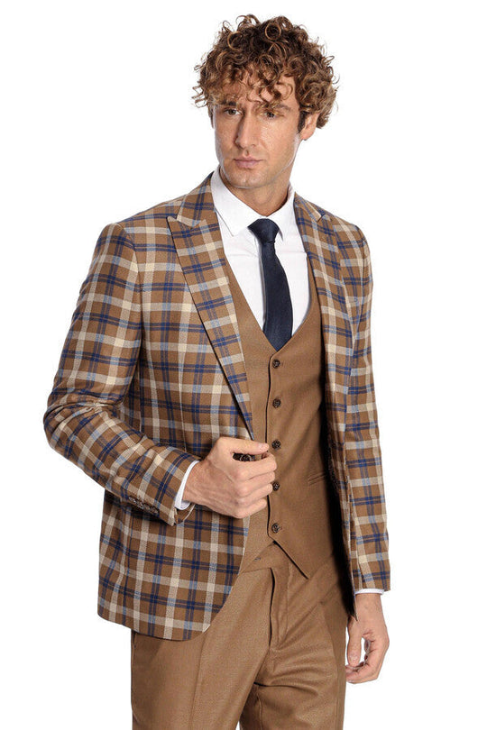 Men's Caramel Brown Multi-Check 3-Piece Slim Fit Combination Suit