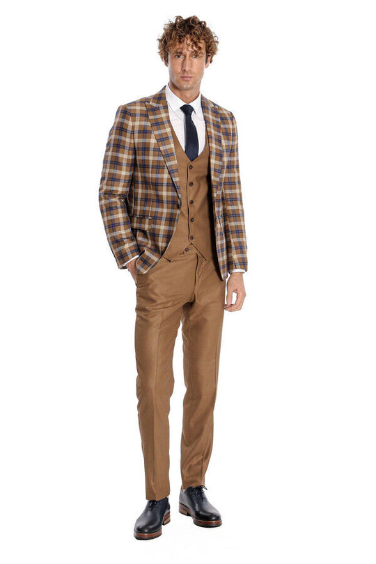 Men's Caramel Brown Multi-Check 3-Piece Slim Fit Combination Suit