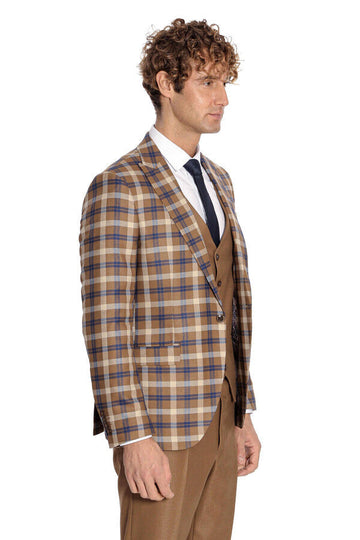 Men's Caramel Brown Multi-Check 3-Piece Slim Fit Combination Suit