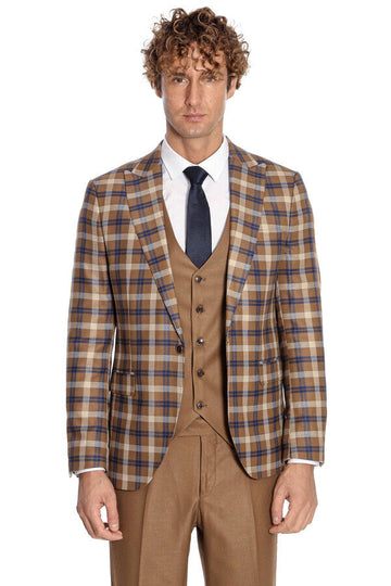 Men's Caramel Brown Multi-Check 3-Piece Slim Fit Combination Suit