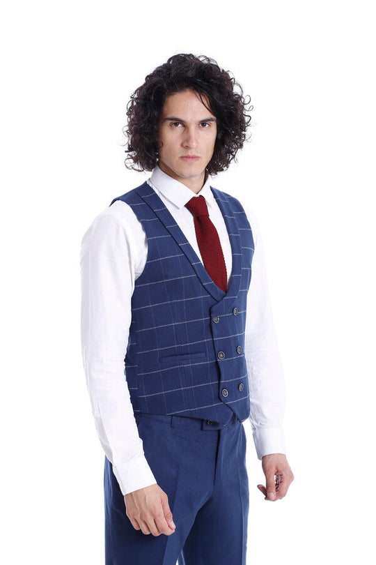 Sky Blue Checked Waistcoat & Plain Trousers Set – Wessi