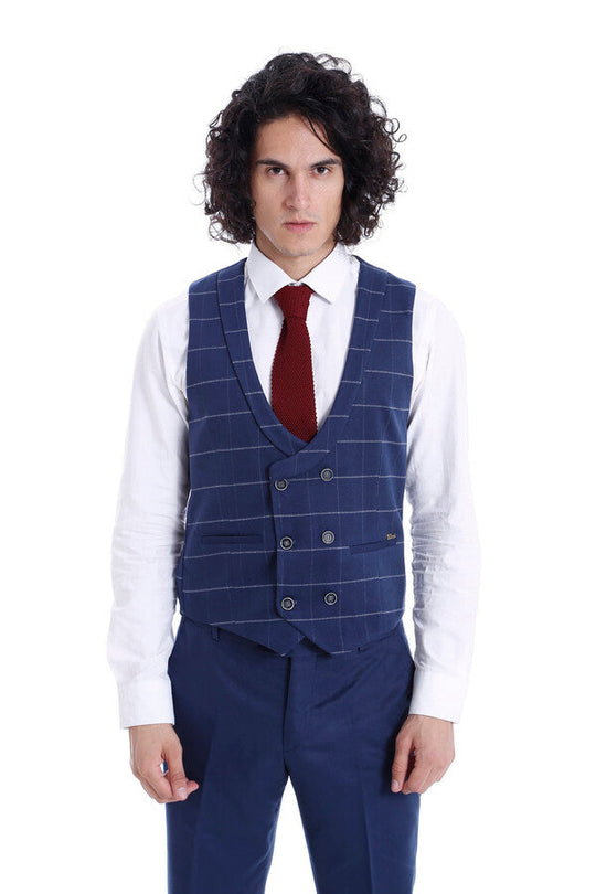 Sky Blue Checked Waistcoat & Plain Trousers Set – Wessi