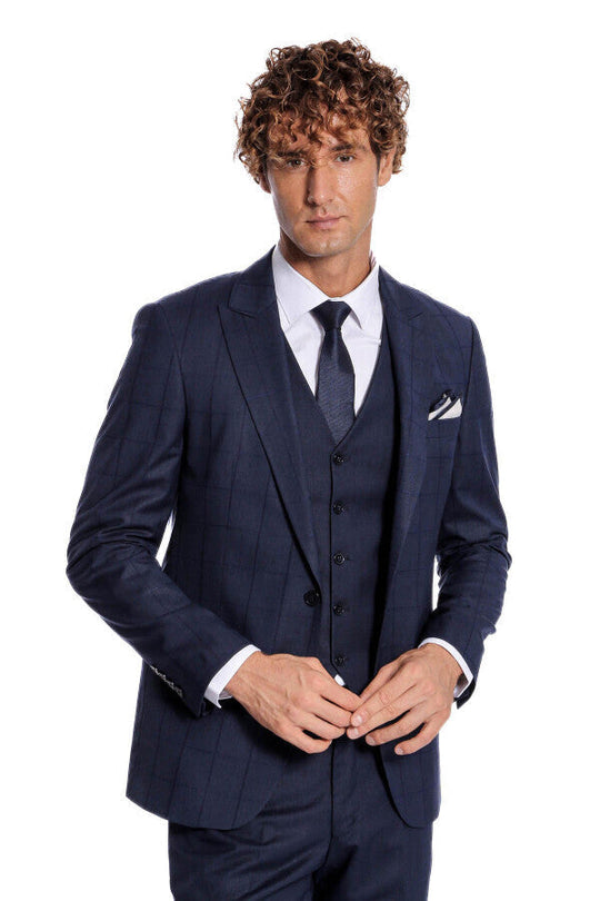 Men's Royal Navy Shadow Windowpane 3-Piece Slim Fit Suit
