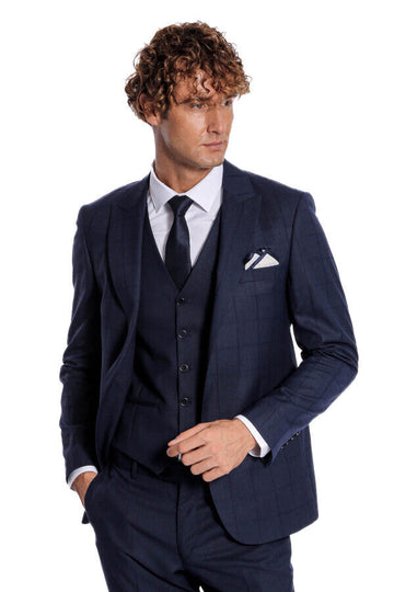 Men's Royal Navy Shadow Windowpane 3-Piece Slim Fit Suit