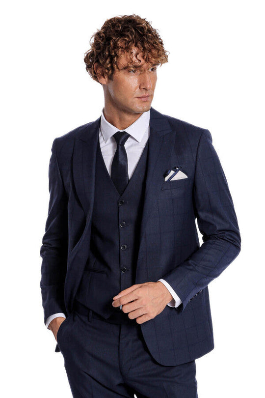 Men's Royal Navy Shadow Windowpane 3-Piece Slim Fit Suit