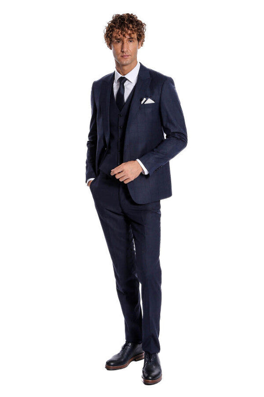 Men's Royal Navy Shadow Windowpane 3-Piece Slim Fit Suit