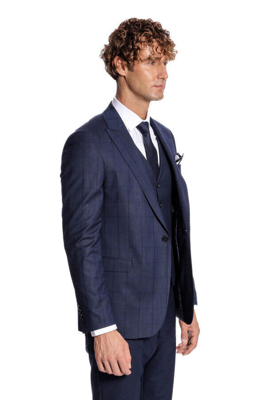 Men's Royal Navy Shadow Windowpane 3-Piece Slim Fit Suit