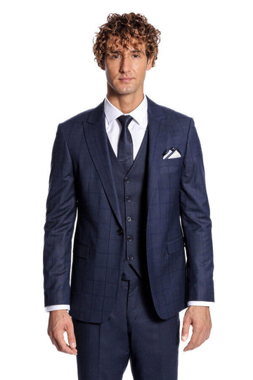 Men's Royal Navy Shadow Windowpane 3-Piece Slim Fit Suit