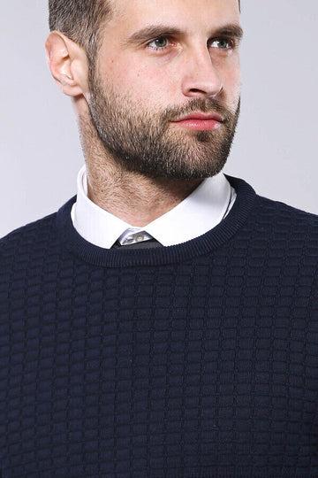 Navy Blue Slim Fit Patterned Crew Neck Sweater – Wessi