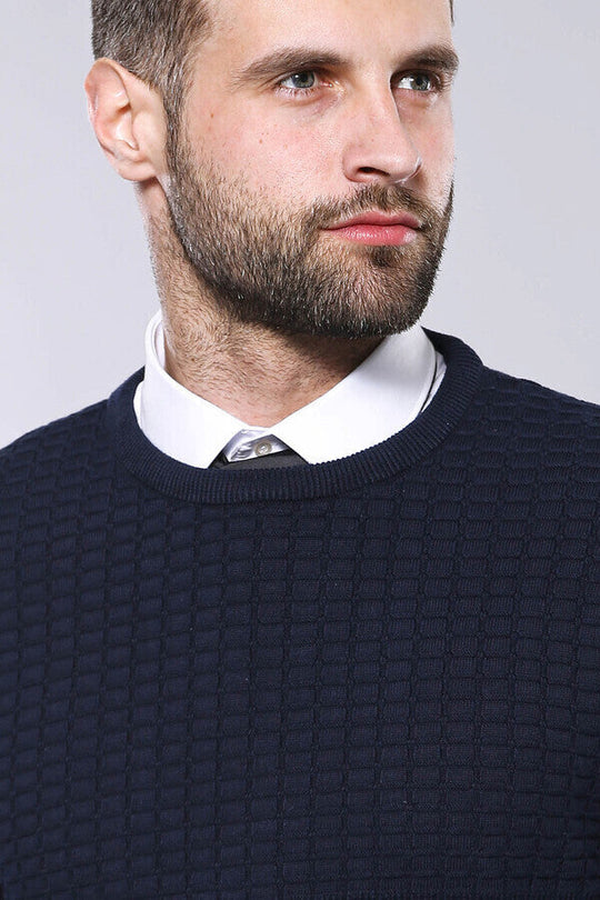 Navy Blue Slim Fit Patterned Crew Neck Sweater – Wessi
