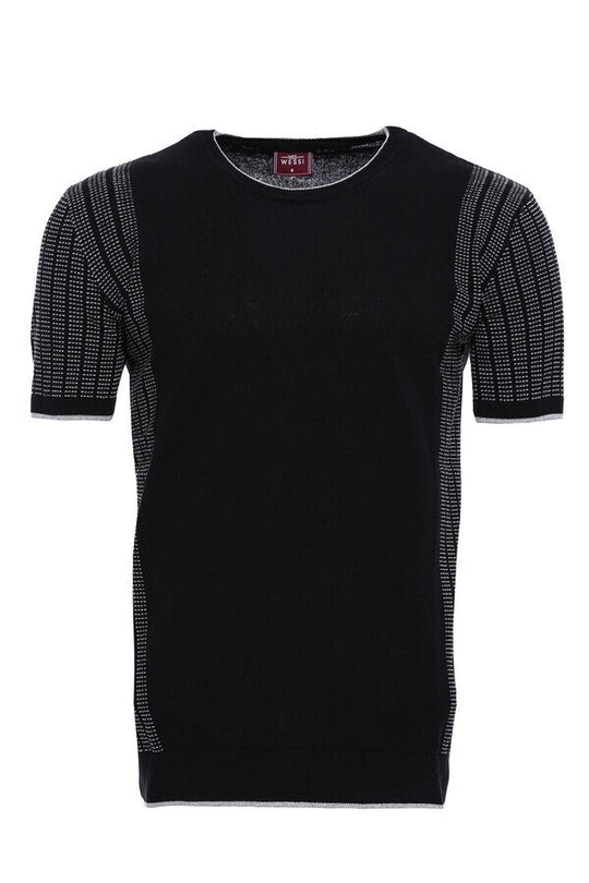 Crew Neck Patterned Knitted T-Shirt in Black | Wessi