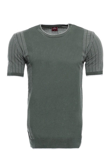 Men's Green Slim Fit Crew Neck Patterned Knitted T-Shirt | Wessi