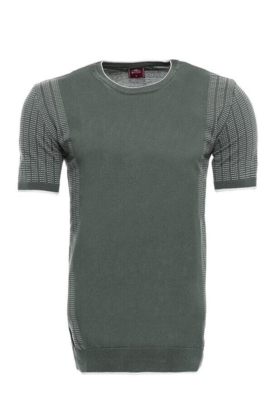Men's Green Slim Fit Crew Neck Patterned Knitted T-Shirt | Wessi