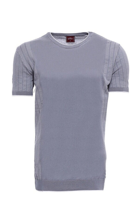 Slim Fit Grey Patterned Crew Neck Knitted T-Shirt — Wessi