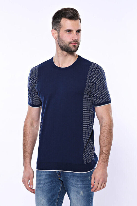 Crew Neck Patterned Knitted T-Shirt in Navy | Wessi