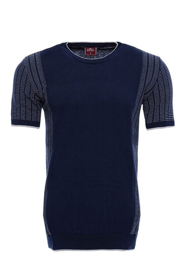 Crew Neck Patterned Knitted T-Shirt in Navy | Wessi