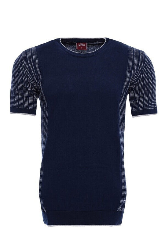 Crew Neck Patterned Knitted T-Shirt in Navy | Wessi