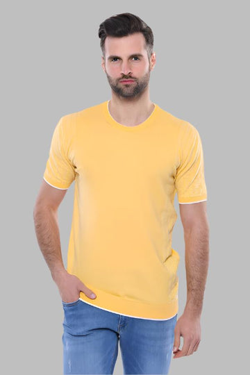 Slim Fit Mustard Yellow Patterned Crew Neck Knitted T-Shirt — Wessi