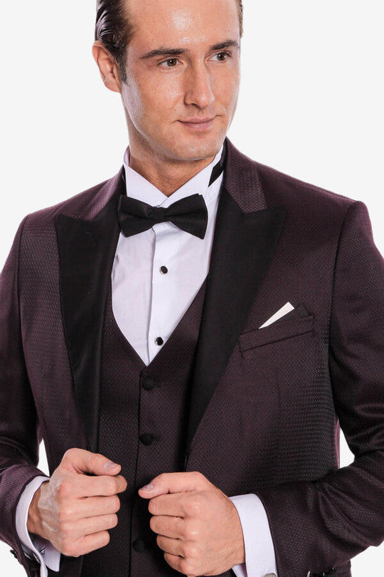 Men's Deep Claret Micro-Patterned 3-Piece Slim Fit Tuxedo with Shawl Lapel